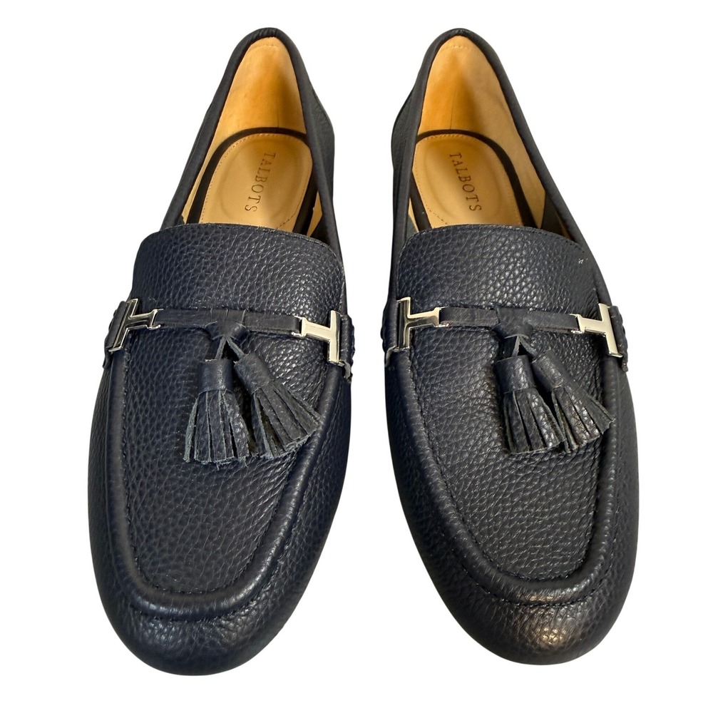 Talbots Navy Blue Pebbled Leather Tassel Loafers Silver Hardware Size 8.5M